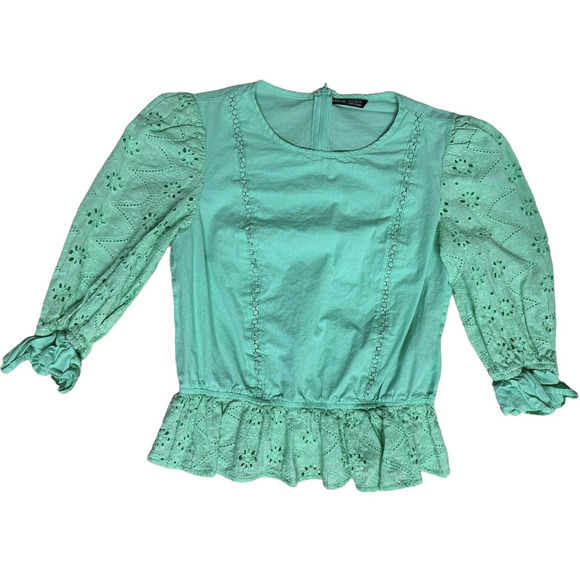 Shein Women's Lace Cropped Blouse w/ Back Zipper Half Sleeve Size 4 Aqua Green - Picture 1 of 6